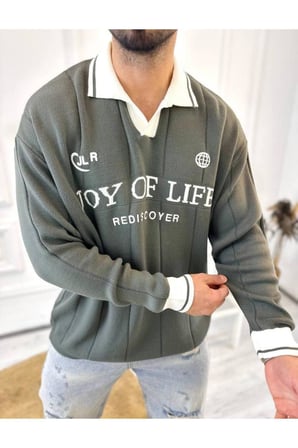 Kazak Oversize Polo Yaka Desenli Triko Yumuşak Dokulu Tüylenmez Salaş Nakış Detaylı Sweatshirt
