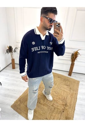 Kazak Oversize Polo Yaka Desenli Triko Yumuşak Dokulu Tüylenmez Salaş Nakış Detaylı Sweatshirt