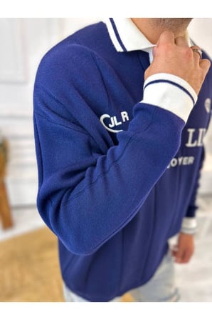 Kazak Oversize Polo Yaka Desenli Triko Yumuşak Dokulu Tüylenmez Salaş Nakış Detaylı Sweatshirt