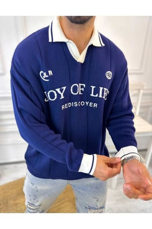 Kazak Oversize Polo Yaka Desenli Triko Yumuşak Dokulu Tüylenmez Salaş Nakış Detaylı Sweatshirt