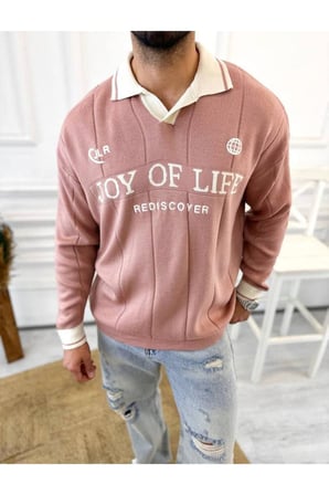 Kazak Oversize Polo Yaka Desenli Triko Yumuşak Dokulu Tüylenmez Salaş Nakış Detaylı Sweatshirt