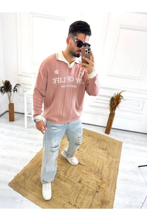 Kazak Oversize Polo Yaka Desenli Triko Yumuşak Dokulu Tüylenmez Salaş Nakış Detaylı Sweatshirt