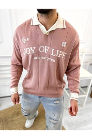Kazak Oversize Polo Yaka Desenli Triko Yumuşak Dokulu Tüylenmez Salaş Nakış Detaylı Sweatshirt