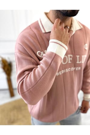 Kazak Oversize Polo Yaka Desenli Triko Yumuşak Dokulu Tüylenmez Salaş Nakış Detaylı Sweatshirt