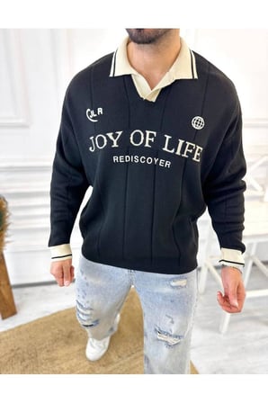 Kazak Oversize Polo Yaka Desenli Triko Yumuşak Dokulu Tüylenmez Salaş Nakış Detaylı Sweatshirt