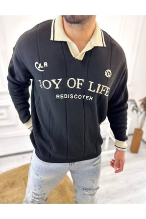 Kazak Oversize Polo Yaka Desenli Triko Yumuşak Dokulu Tüylenmez Salaş Nakış Detaylı Sweatshirt