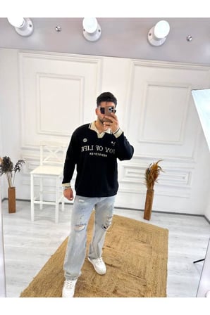 Kazak Oversize Polo Yaka Desenli Triko Yumuşak Dokulu Tüylenmez Salaş Nakış Detaylı Sweatshirt