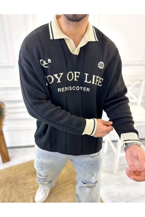 Kazak Oversize Polo Yaka Desenli Triko Yumuşak Dokulu Tüylenmez Salaş Nakış Detaylı Sweatshirt