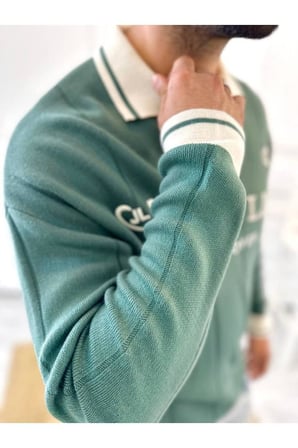 Kazak Oversize Polo Yaka Desenli Triko Yumuşak Dokulu Tüylenmez Salaş Nakış Detaylı Sweatshirt