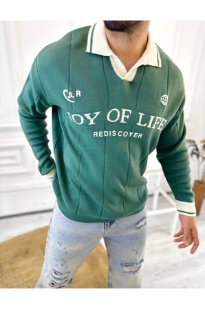 Kazak Oversize Polo Yaka Desenli Triko Yumuşak Dokulu Tüylenmez Salaş Nakış Detaylı Sweatshirt