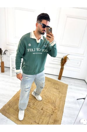 Kazak Oversize Polo Yaka Desenli Triko Yumuşak Dokulu Tüylenmez Salaş Nakış Detaylı Sweatshirt