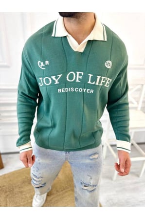 Kazak Oversize Polo Yaka Desenli Triko Yumuşak Dokulu Tüylenmez Salaş Nakış Detaylı Sweatshirt