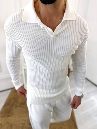 Kazak Slim Fit Polo Yaka Fitilli Yumuşak Dokulu Tüylenmez Sweatshirt