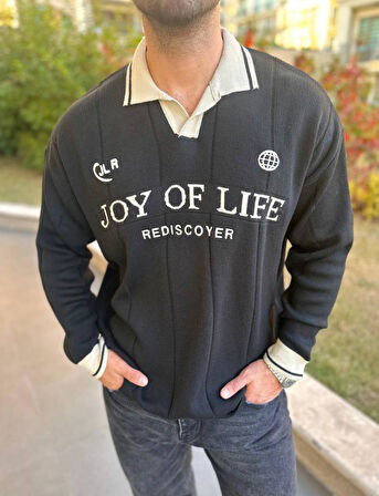 Kazak Oversize Polo Yaka Desenli Triko Yumuşak Dokulu Tüylenmez Nakış Detaylı Sweatshirt