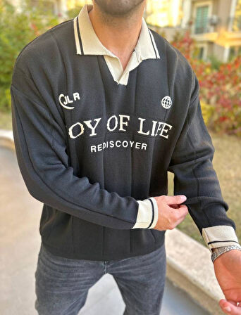 Kazak Oversize Polo Yaka Desenli Triko Yumuşak Dokulu Tüylenmez Nakış Detaylı Sweatshirt