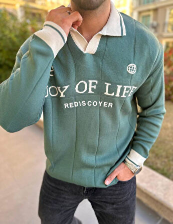 Kazak Oversize Polo Yaka Desenli Triko Yumuşak Dokulu Tüylenmez Nakış Detaylı Sweatshirt