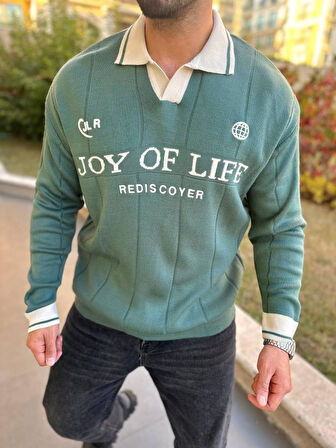 Kazak Oversize Polo Yaka Desenli Triko Yumuşak Dokulu Tüylenmez Nakış Detaylı Sweatshirt
