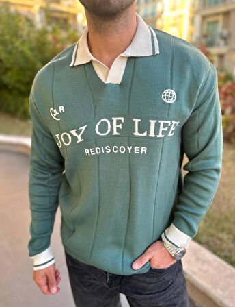 Kazak Oversize Polo Yaka Desenli Triko Yumuşak Dokulu Tüylenmez Nakış Detaylı Sweatshirt
