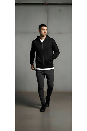 KAPÜŞONLU PAMUKLU 3 İPLİK ŞARDONLU CEPLİ TAM FERMUARLI ERKEK SWEATSHİRT