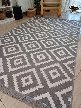 Kilim Çift Taraflı Kullanılabilir Makinede Yıkanabilir Modern Desen Pmuklu Dokuma Kilim Gri-Beyaz