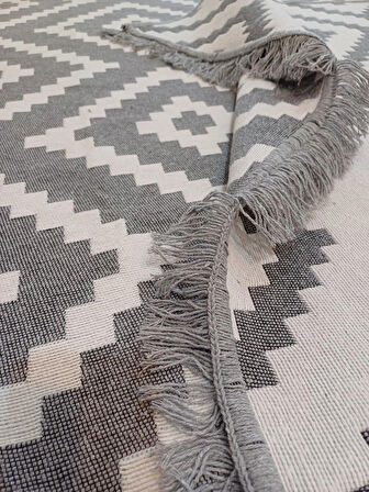 Kilim Çift Taraflı Kullanılabilir Makinede Yıkanabilir Modern Desen Pmuklu Dokuma Kilim Gri-Beyaz