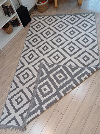 Kilim Çift Taraflı Kullanılabilir Makinede Yıkanabilir Modern Desen Pmuklu Dokuma Kilim Gri-Beyaz