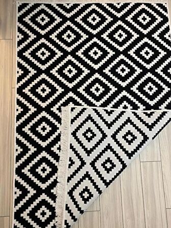 Çift Taraflı Kilim Modern Desenli Siyah Beyaz Kilim 