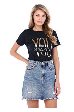 Bisiklet Yaka Kısa Kollu Baskılı Siyah Kadın Tişört