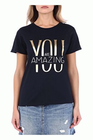 Bisiklet Yaka Kısa Kollu Baskılı Siyah Kadın Tişört