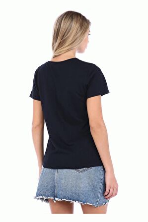 Bisiklet Yaka Kısa Kollu Baskılı Siyah Kadın Tişört