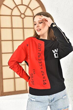 Baskı Taş ve Fermuarlı Siyah Renk Bloklu Kadın Sweatshirt