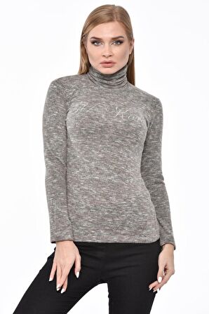 Balıkçı Yaka Uzun Kollu Taşlı Bej Kadın Tişört