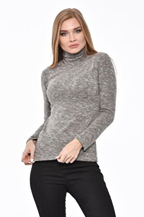 Balıkçı Yaka Uzun Kollu Taşlı Bej Kadın Tişört