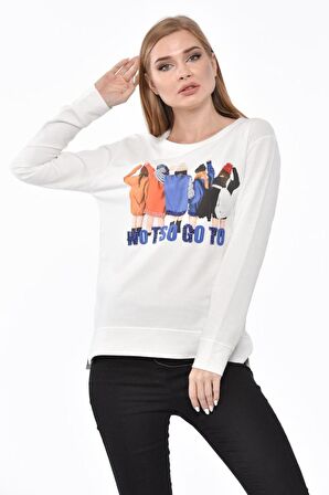 Bisiklet Yaka Beş Kadın Baskılı Taş ve Pullu Beyaz Kadın Tişört