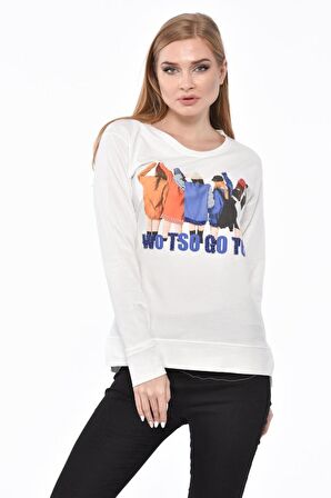 Bisiklet Yaka Beş Kadın Baskılı Taş ve Pullu Beyaz Kadın Tişört