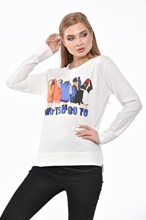 Bisiklet Yaka Beş Kadın Baskılı Taş ve Pullu Beyaz Kadın Tişört