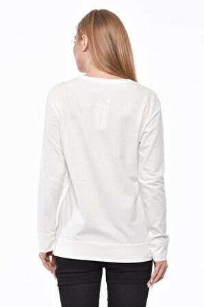 Bisiklet Yaka Beş Kadın Baskılı Taş ve Pullu Beyaz Kadın Tişört