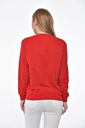 Bisiklet Yaka Limon Baskılı Taş ve Pullu Kırmızı Kadın Tişört