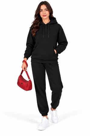 Kadın Siyah Şardonlu Kapüşonlu Kanguru Cepli Hoodie Sweatshirt