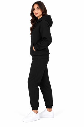 Kadın Siyah Şardonlu Kapüşonlu Kanguru Cepli Hoodie Sweatshirt