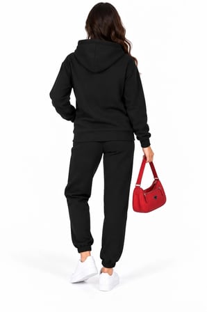 Kadın Siyah Şardonlu Kapüşonlu Kanguru Cepli Hoodie Sweatshirt