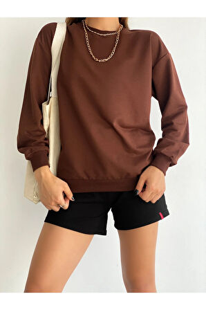 Kadın Bisiklet Yaka İki İplik Oversize Sweatshirt 