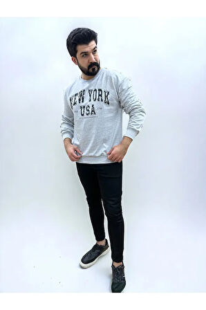 Bisiklet Yaka Erkek Baskılı Sweatshirt