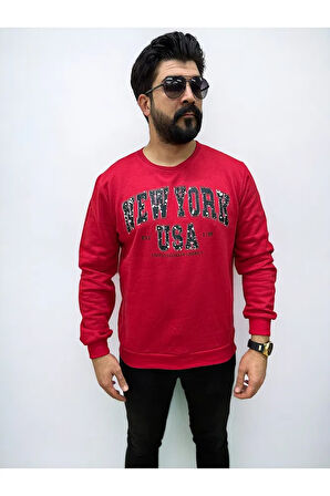 Kırmızı Bisiklet Yaka Erkek Baskılı Sweatshirt