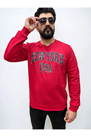 Kırmızı Bisiklet Yaka Erkek Baskılı Sweatshirt