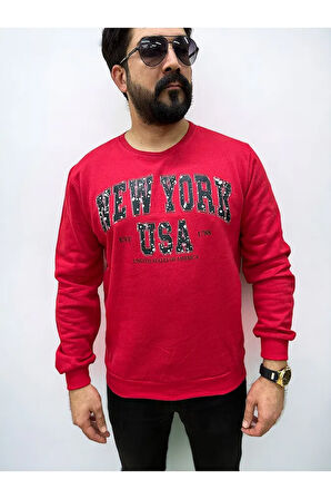 Kırmızı Bisiklet Yaka Erkek Baskılı Sweatshirt