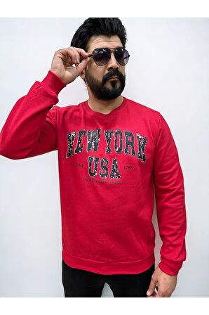 Kırmızı Bisiklet Yaka Erkek Baskılı Sweatshirt