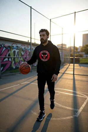 Kapşonlu Ön Baskılı Erkek Sweatshirt Oversize