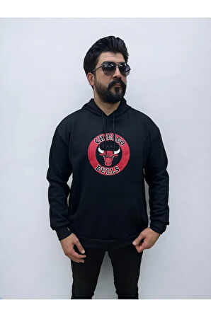 Kapşonlu Ön Baskılı Erkek Sweatshirt Oversize