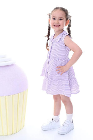 Kız Çocuk Çizgili Bebe Yaka Çantalı Elbise